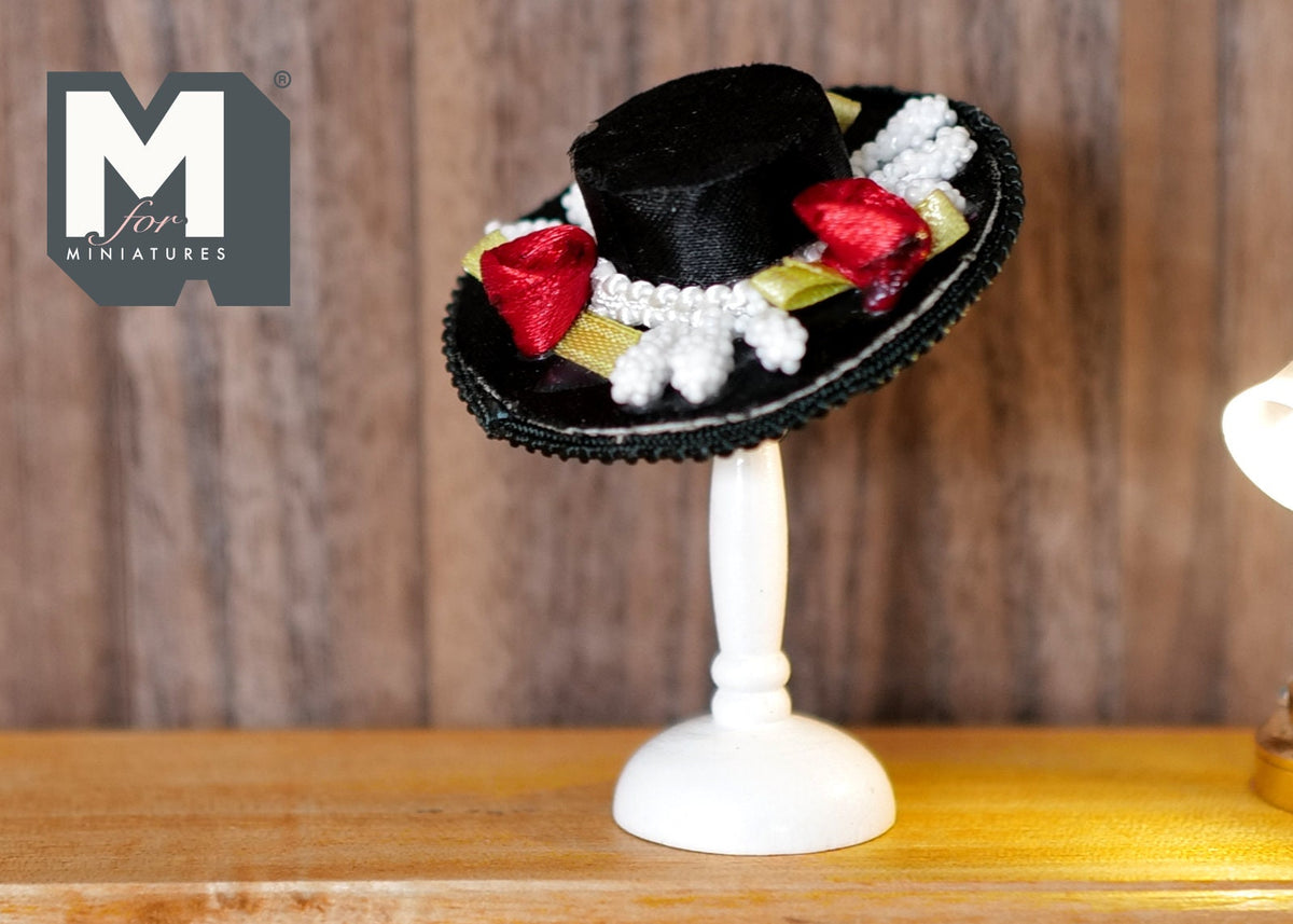 1:12 scale dollhouse miniature black boater hat with flowers on a hat stand