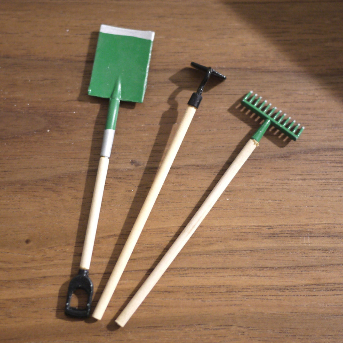 1:12 Scale Miniature Long Handle Garden Tools, Shovel, Hoe and Rake, Set of 3, 3-3/4 inch long, DIY Dollhouse Supply