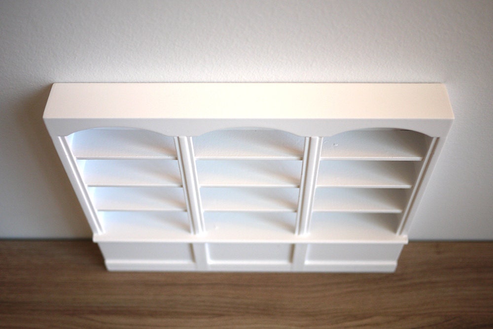 1:12 Scale Miniature Wood Bookcase, 3 Arched Sections, 4 Tiers, Lower Cupboards, 6-15/16 inch tall, DIY Dollhouse Supply (white)