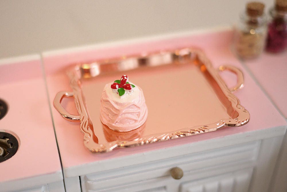 1:12 Scale Miniature Rectangular Serving Tray with Handles, 2-5/8 inch long, DIY Dollhouse Supply (rose gold)