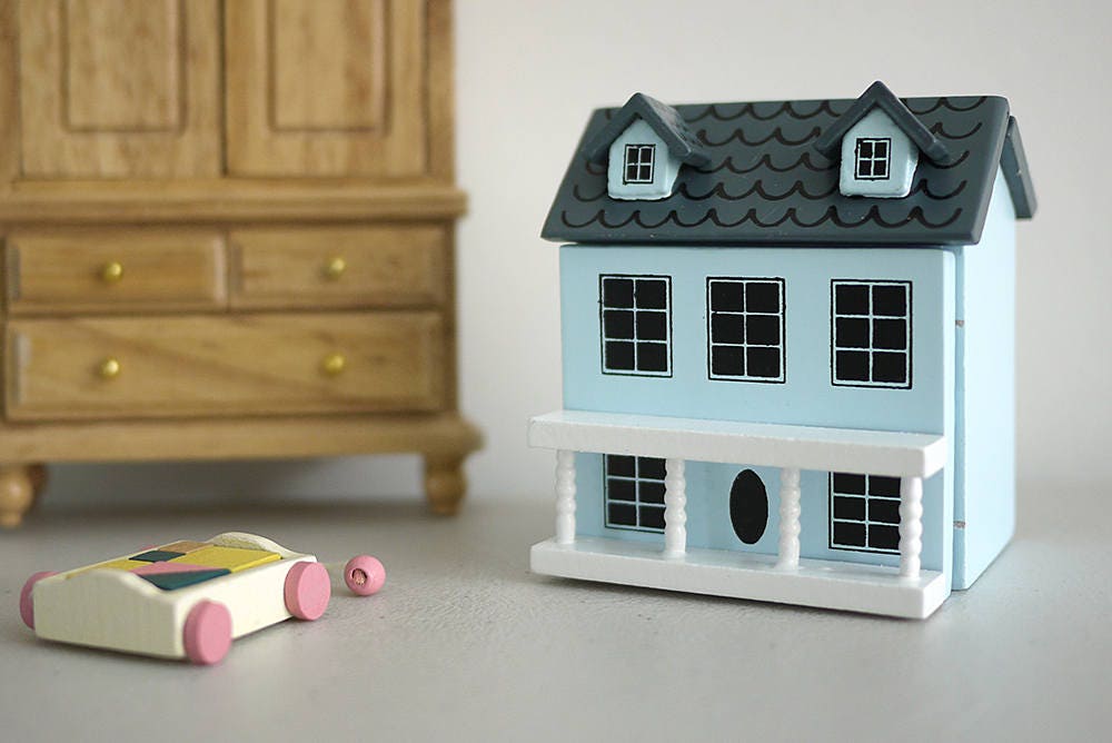 1:12 Scale Miniature Little House with Hinged Front and Roof, 2 Rooms, 2-3/8 inch tall, DIY Dollhouse Supply (light blue)
