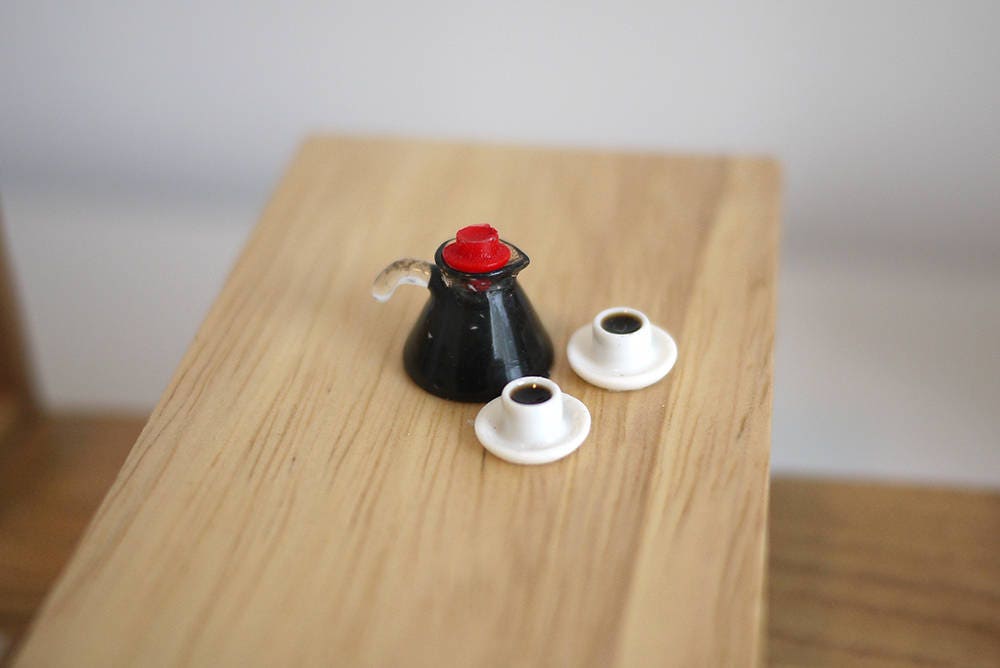 1:12 Scale Miniature Coffee Pot and Mugs, Set of 3, 9/16 inch tall, DIY Dollhouse Supply (black and white)