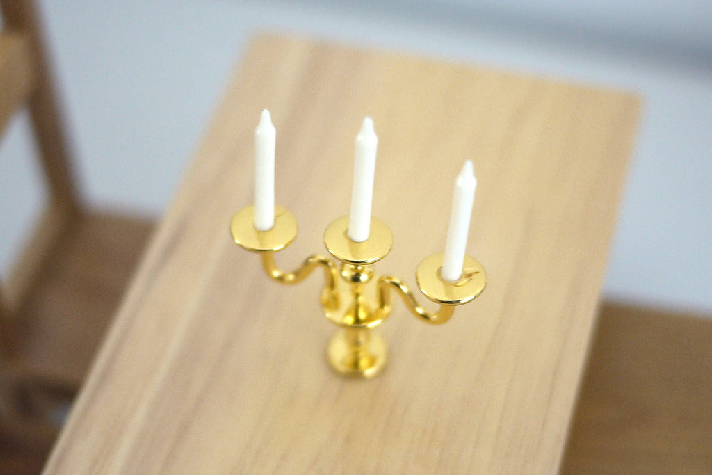 1:12 Scale Miniature Metal Candelabra, 3 Arms with Candles, 1-9/16 inch tall, DIY Dollhouse Supply (gold)
