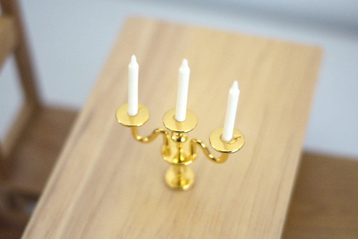 1:12 Scale Miniature Metal Candelabra, 3 Arms with Candles, 1-9/16 inch tall, DIY Dollhouse Supply (gold)