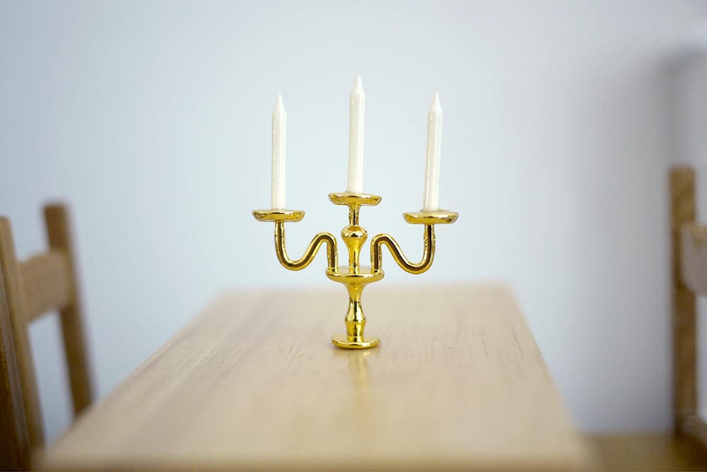 1:12 Scale Miniature Metal Candelabra, 3 Arms with Candles, 1-9/16 inch tall, DIY Dollhouse Supply (gold)