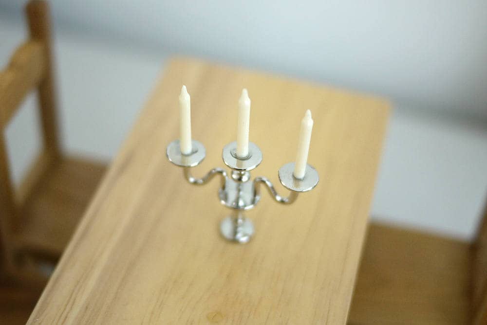 1:12 Scale Miniature Candelabra, 3 Arms with Candles, 1-9/16 inch tall, DIY Dollhouse Supply (silver)