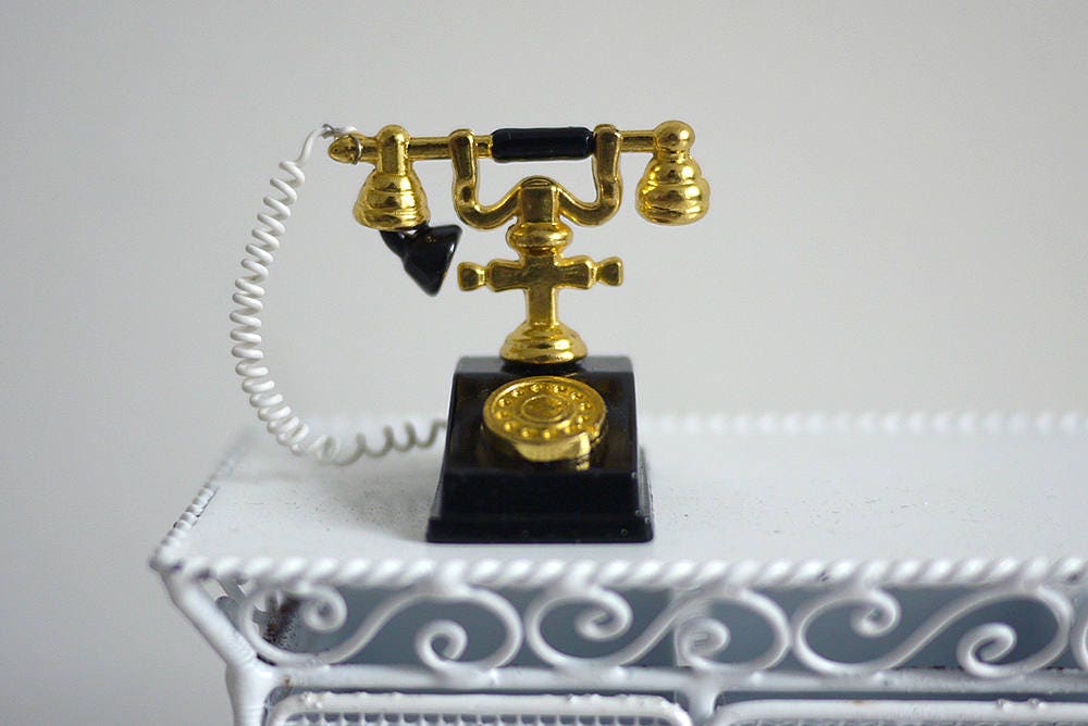 1:12 Scale Miniature Metal Rotary Dial Telephone, 5/8 inch wide, DIY Dollhouse Supply (black and gold)