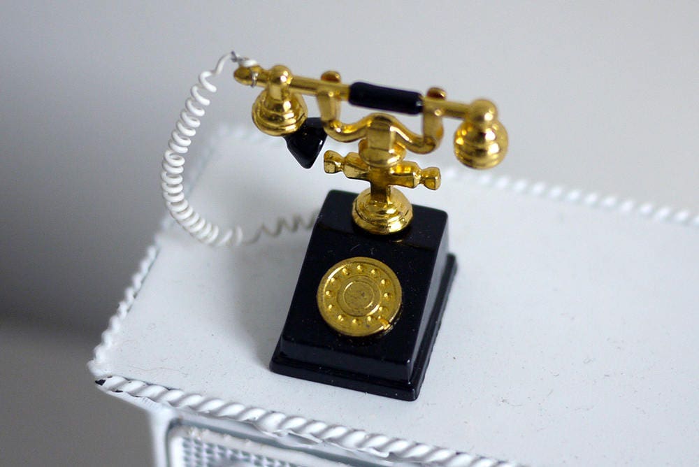 1:12 Scale Miniature Metal Rotary Dial Telephone, 5/8 inch wide, DIY Dollhouse Supply (black and gold)