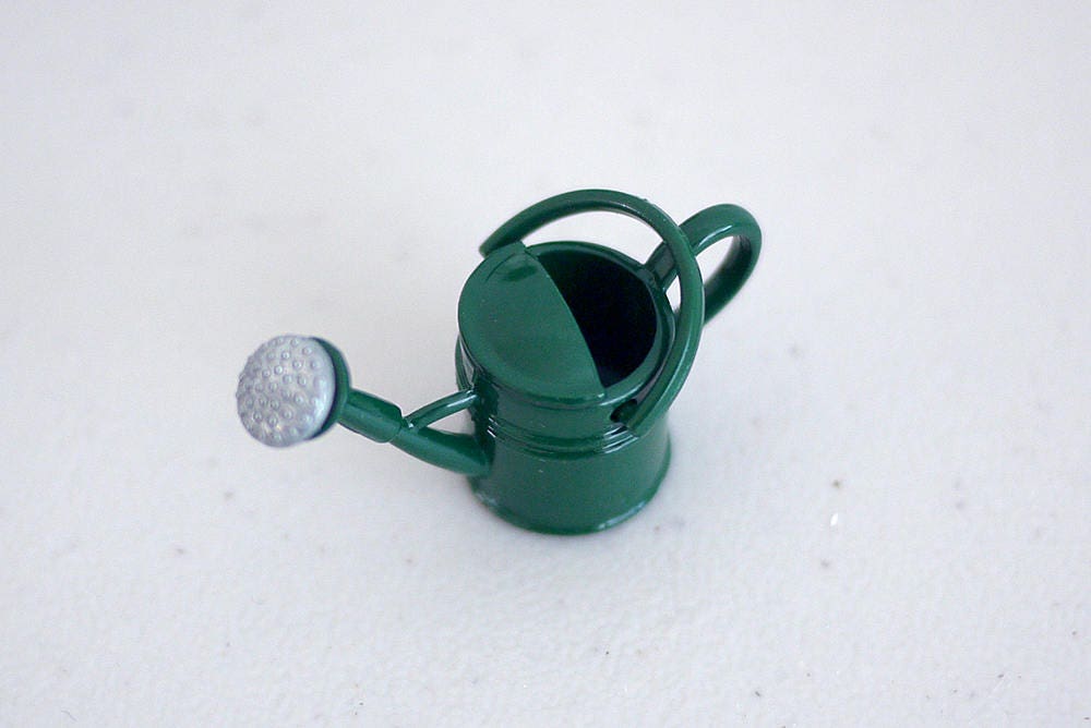 1:12 Scale Miniature Metal Watering Can with Spray Nozzle, 1 inch tall, DIY Dollhouse Supply (dark green)