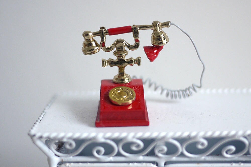 1:12 Scale Miniature Metal Rotary Dial Telephone, Ornate Style, 5/8 inch wide, DIY Dollhouse Supply (red and gold)
