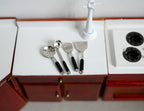 1:12 dollhouse miniature metal cooking utensils set with metal stand slotted turner spatula ladle skimmer (white stand) H024