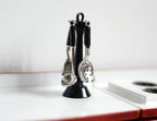 1:12 scale miniature metal kitchen utensils on black stand, set of 5, silver ladle and spoons with black handles
