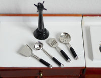 1:12 dollhouse miniature metal cooking utensils set with metal stand slotted turner spatula ladle skimmer (black stand) - H024