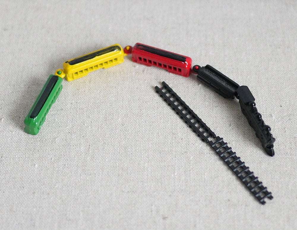 1:12 Scale Miniature Metal Toy Train, Engine with 3 Cars and 2 Track Pieces, 3-1/8 inch long, DIY Dollhouse Supply