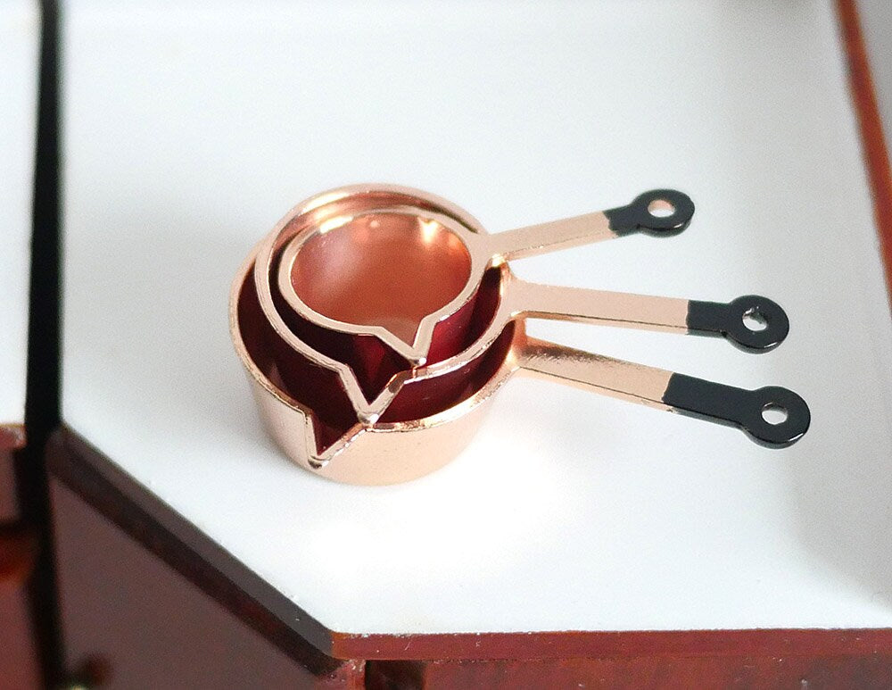 1:12 Scale Miniature Metal Saucepans with Black Handles, Set of 3, 1-15/16 inch long, DIY Dollhouse Supply (copper)