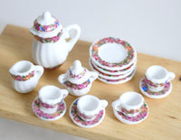 Dollhouse miniature porcelain ceramic teapot and cups 15 piece set flowers and ribbons teapot - A060 61