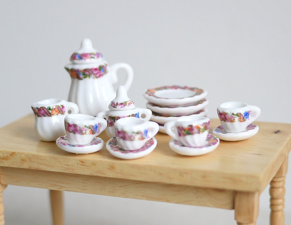 1:12 Scale Miniature Porcelain Tea Set, Pink Floral Band, Set of 15, DIY Dollhouse Supply