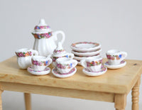 Dollhouse miniature porcelain ceramic teapot and cups 15 piece set flowers and ribbons teapot - A060 61