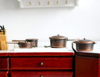 1:12 Scale Miniature Metal Cooking Pots with Lids and Handles, Set of 4, 1-5/8 inch long, DIY Dollhouse Supply (bronze)