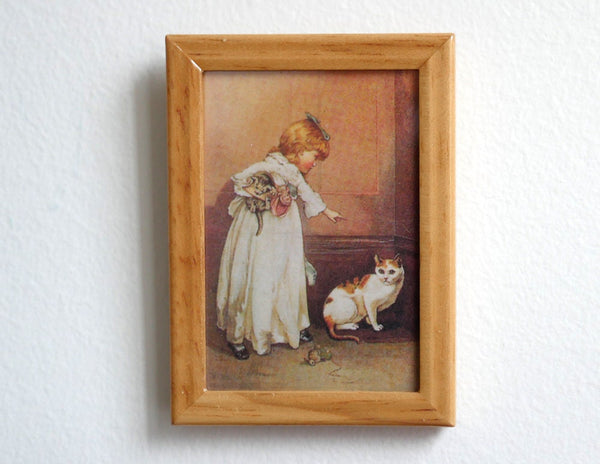 Dollhouse paint  canvas frame dolls house photo little girl cat kitten 1 12th scale miniature - F051