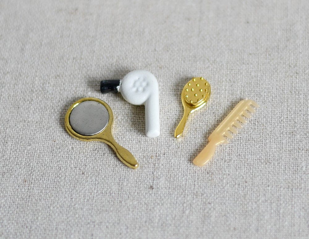 1:12 Scale Miniature Hair Dryer with Gold Mirror, Brush and Comb, Set of 4, 7/8 inch long, DIY Dollhouse Supply