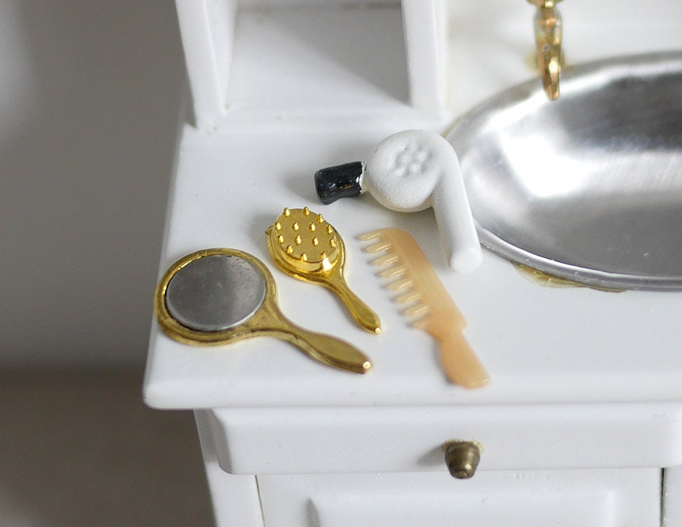 1:12 Scale Miniature Hair Dryer with Gold Mirror, Brush and Comb, Set of 4, 7/8 inch long, DIY Dollhouse Supply
