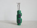 1:12 scale miniature green golf bag with 3 silver clubs, set of 4, standing upright on a white background