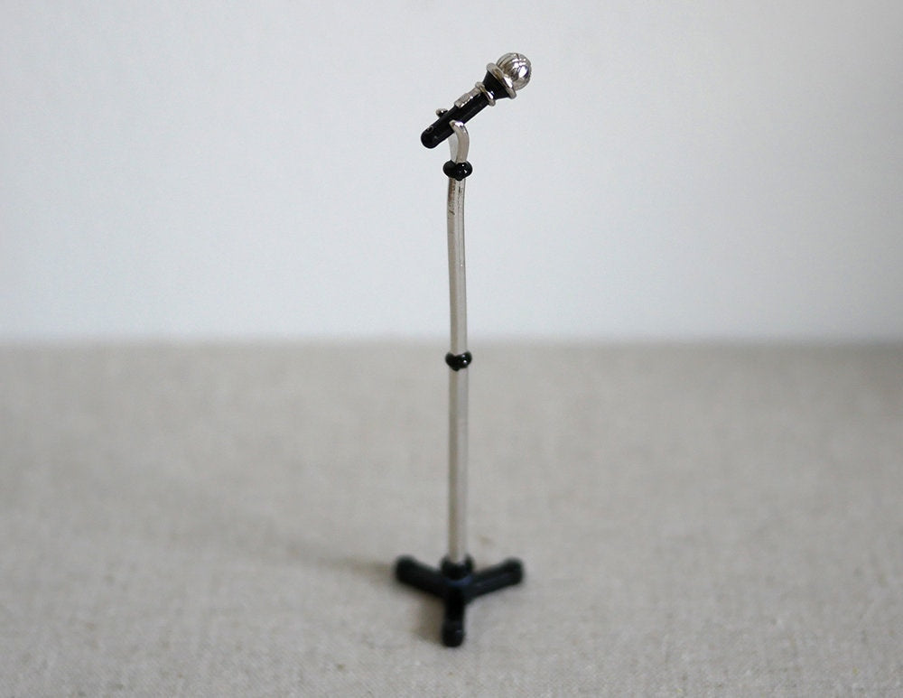 1:12 Scale Miniature Microphone with Stand, 3-9/16 inch tall, DIY Dollhouse Supply (black)
