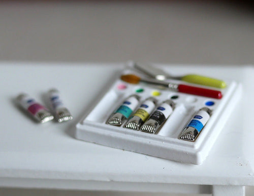 1:12 Scale Miniature Artist Paint Set with Brush and Palette Knife, Set of 9, 1-3/16 inch square, DIY Dollhouse Supply