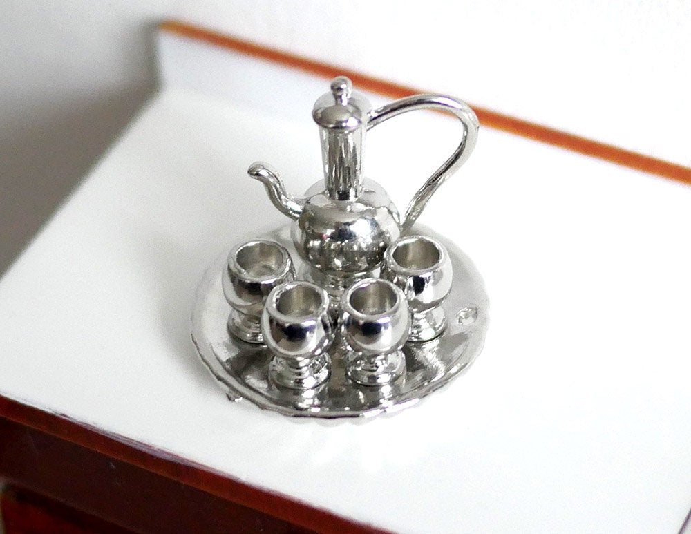 1:12 Scale Miniature Holloware Tea Set with Teapot, 4 Glasses and Tray, Set of 6, 1-1/16 inch tall, DIY Dollhouse Supply (silver)