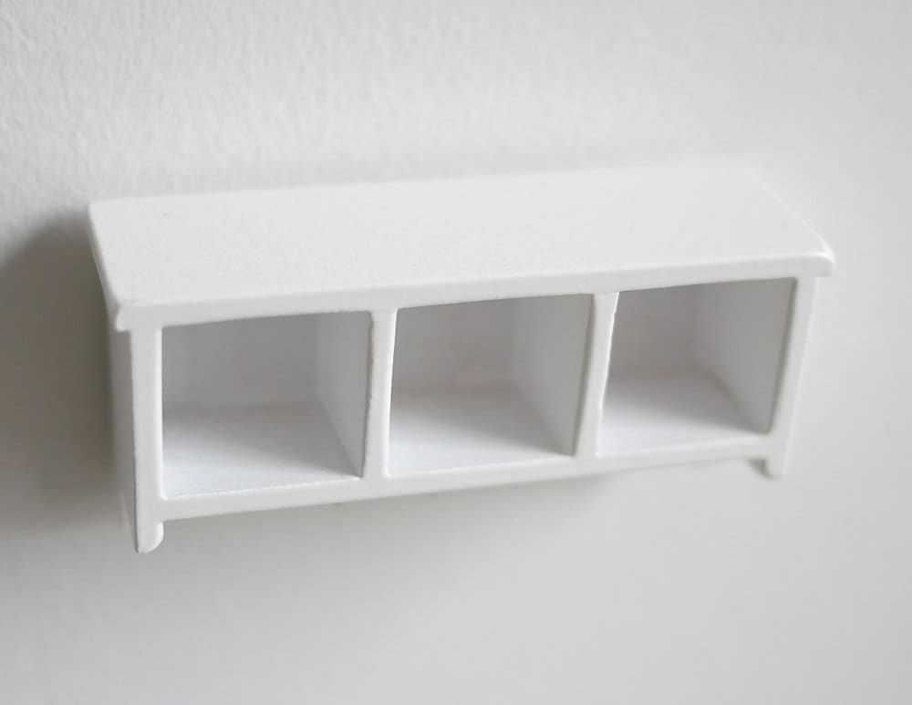 1:12 Scale Miniature Wood Wall Shelf with Hooks, 3 Cubbies, 3-1/8 inch long, DIY Dollhouse Supply (white)