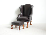 Dollhouse Supplies brown faux leather chaise armchair with ottoman 1:12 scale miniature furniture - J013