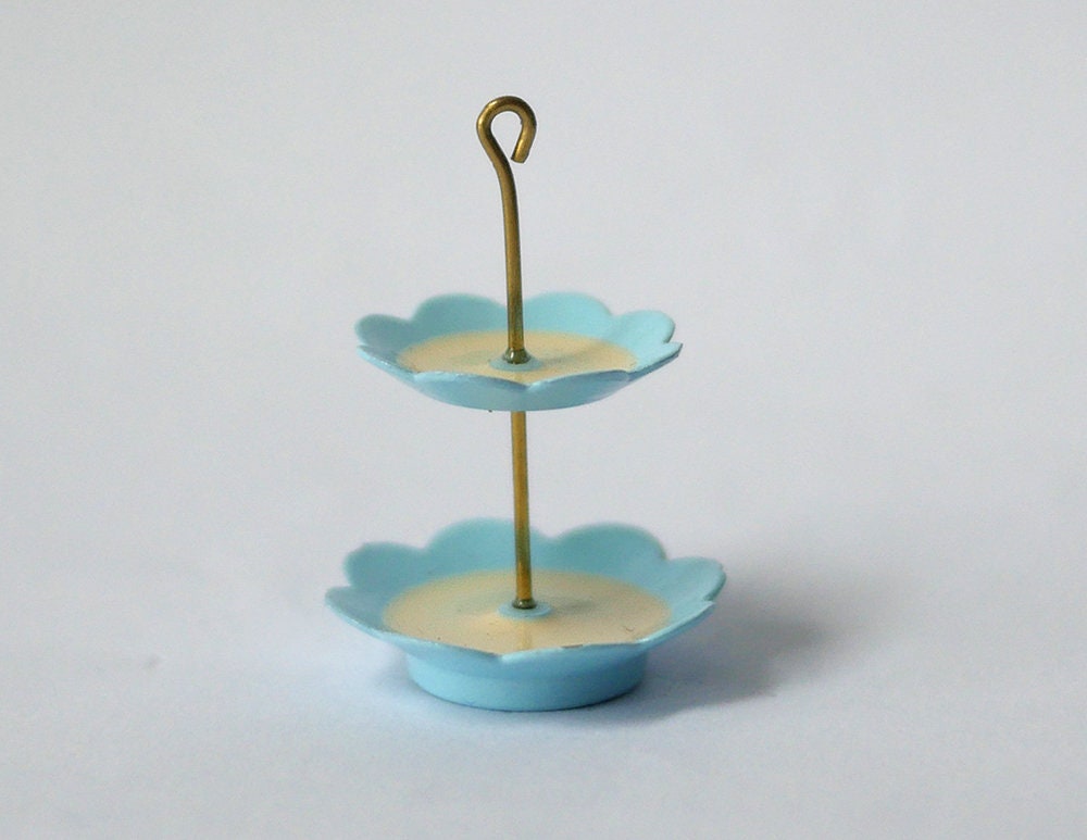1:12 Scale Miniature 2 Tier Serving Stand, Scalloped Plates, 1-3/16 inch tall, DIY Dollhouse Supply (light blue)