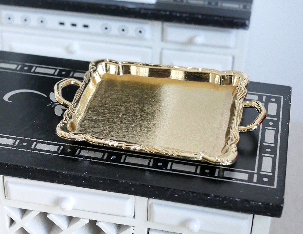1:12 Scale Miniature Metal Gallery Tray with Handles, 2-5/8 inch long, DIY Dollhouse Supply (gold)