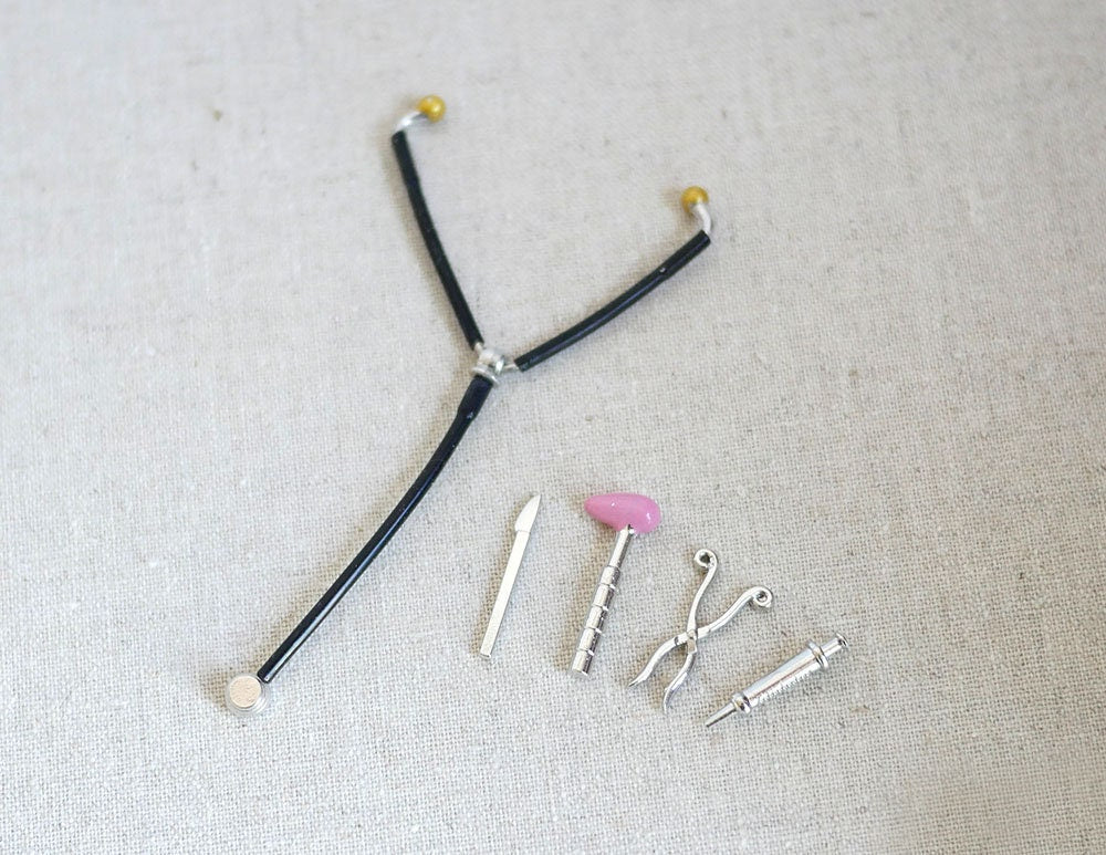 1:12 Scale Miniature Doctor Medical Tool Set with Stethoscope and Reflex Hammer, Set of 5, 1-9/16 inch long, DIY Dollhouse Supply