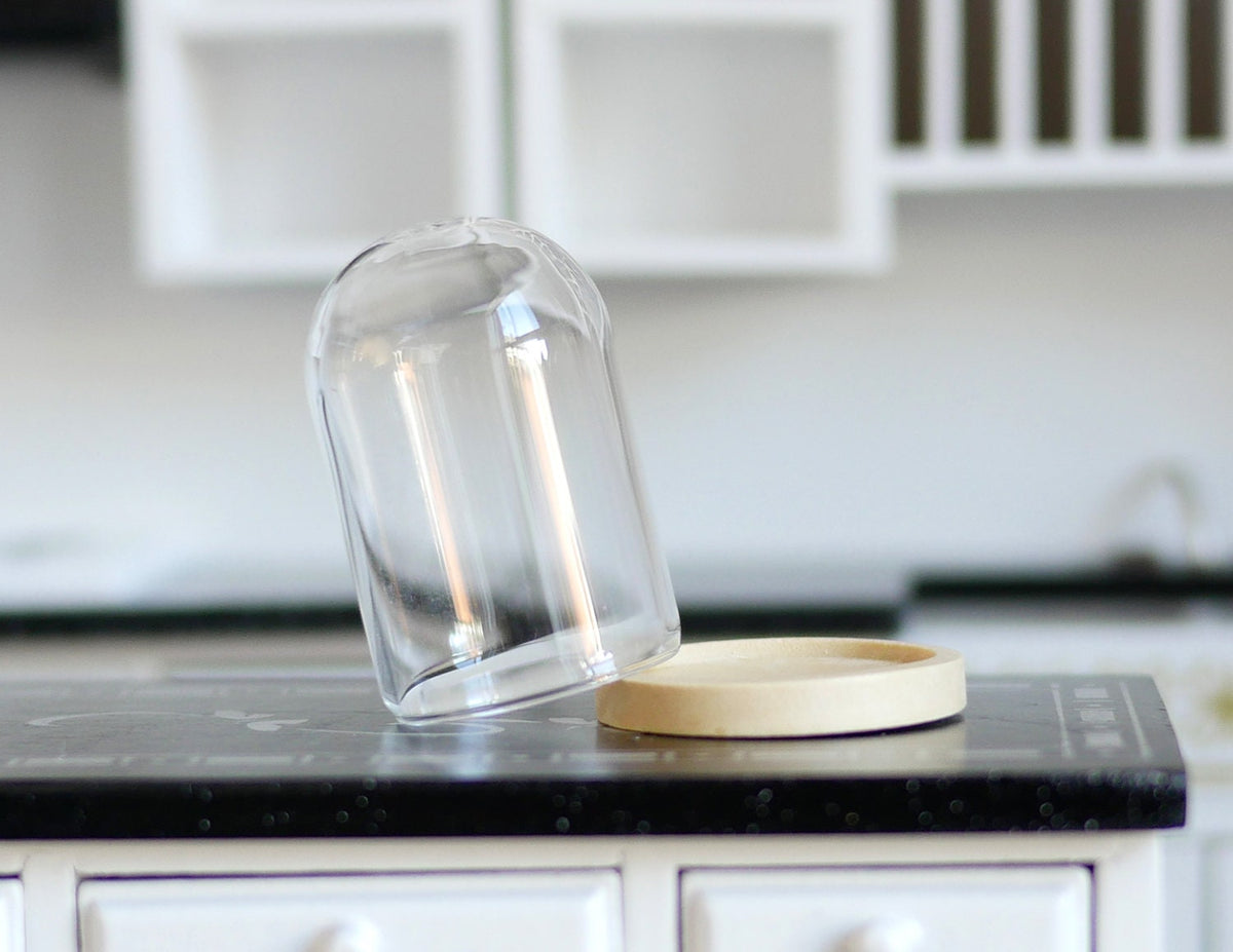 1:12 Scale Miniature Glass Dome on Round Wood Base, 1-5/8 inch tall, DIY Dollhouse Supply