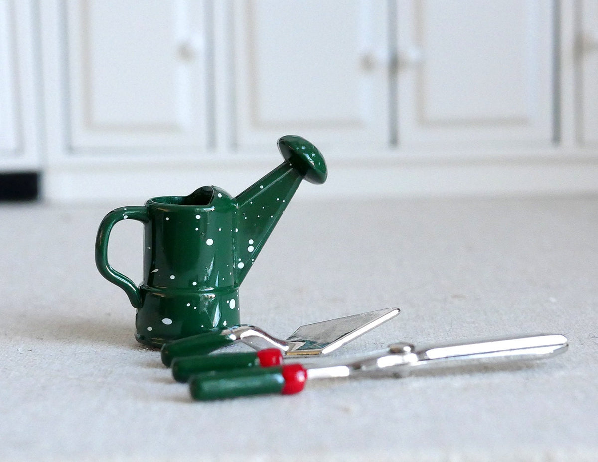 1:12 Scale Miniature Garden Tools, Watering Can, Trowel, Hand Fork and Clippers, Set of 4, 1-3/4 inch long, DIY Dollhouse Supply