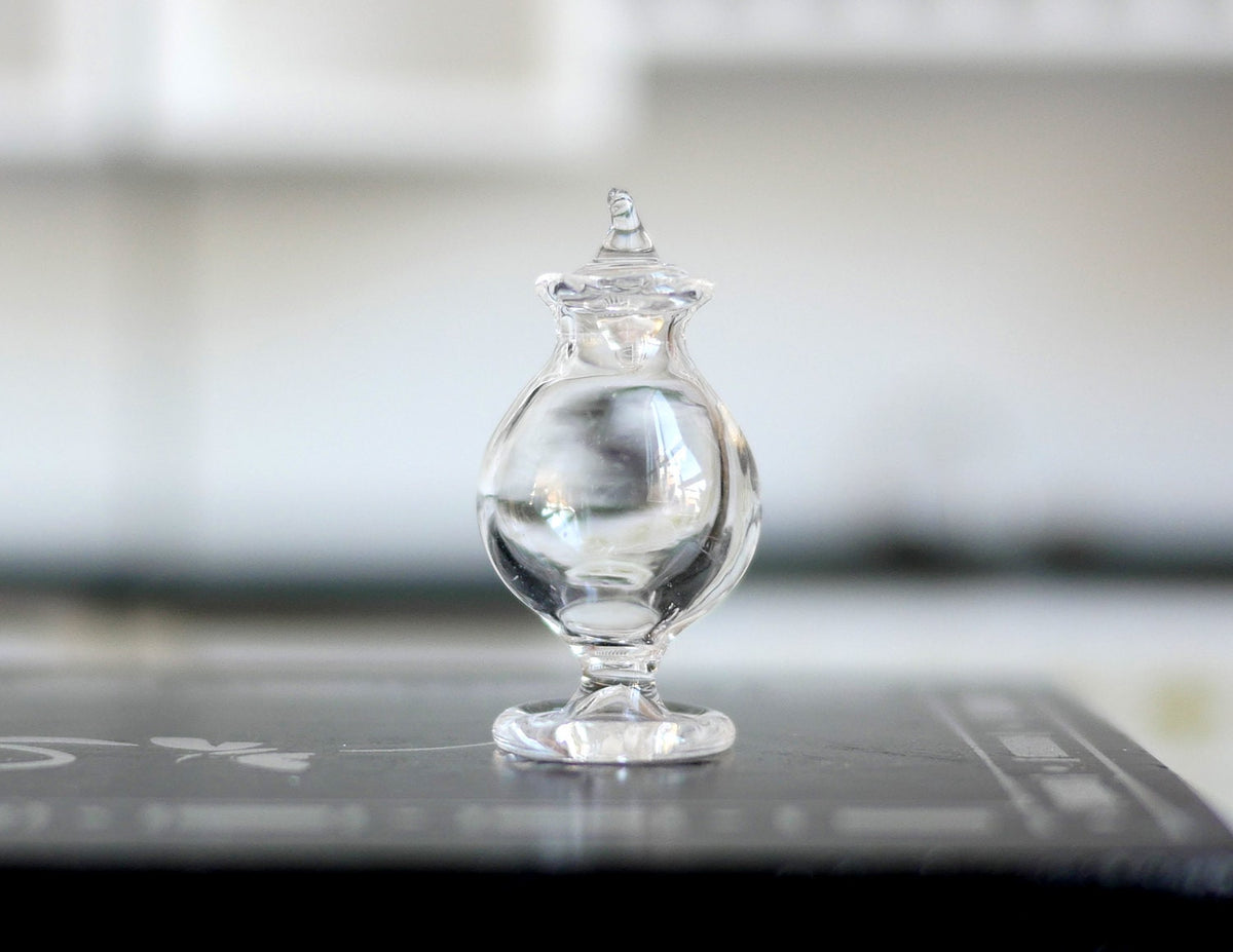 1:12 Scale Miniature Clear Glass Footed Candy Jar with Lid, 1-1/16 inch tall, DIY Dollhouse Supply (A15)