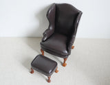 Dollhouse Supplies brown faux leather chaise armchair with ottoman 1:12 scale miniature furniture - J013