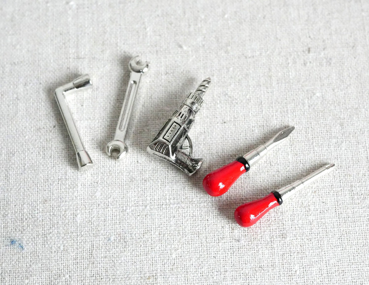 1:12 Scale Miniature Metal Hand Tool Set, Screwdrivers, Wrench and Hex Keys, Set of 5, 1-1/8 inch long, DIY Dollhouse Supply