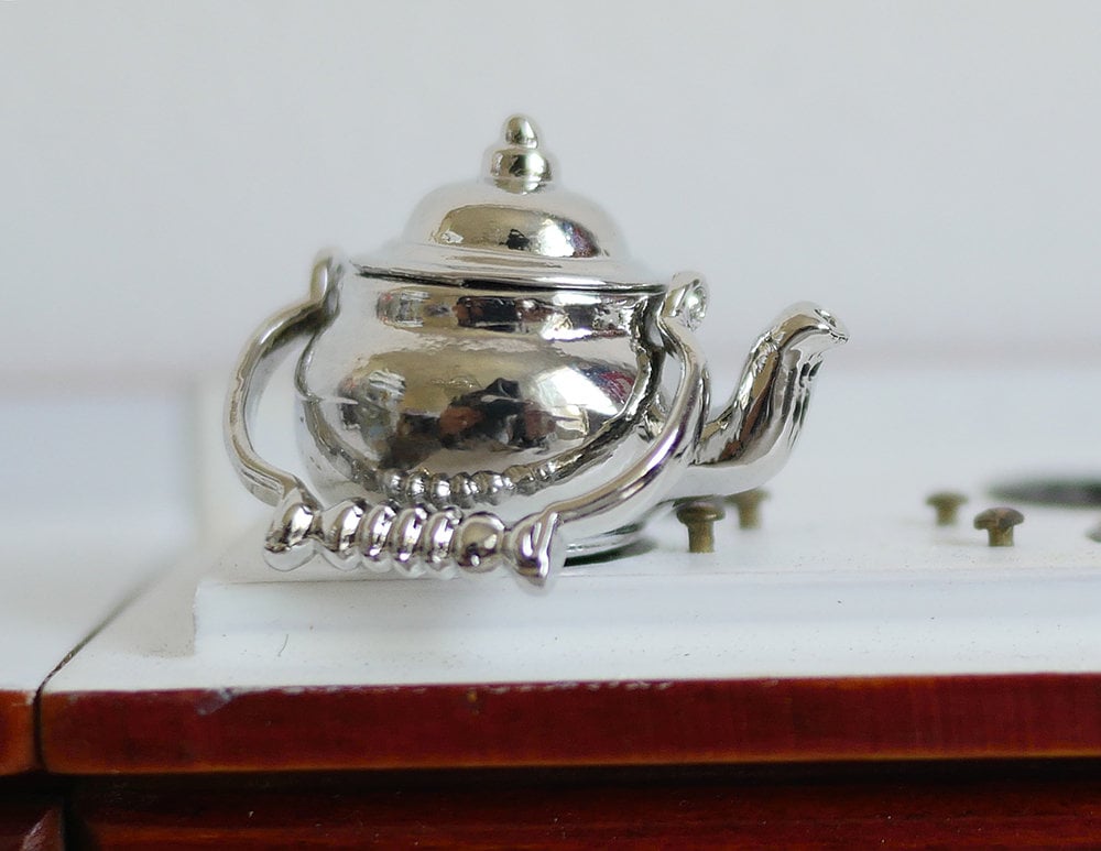 1:12 Scale Miniature Metal Water Boiler Kettle with Ornate Stand, 15/16 inch tall, DIY Dollhouse Supply (silver)