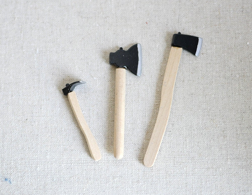 1:12 Scale Miniature Garden Tools, Axe, Hatchet and Hoe, Set of 3, 2-3/4 inch long, DIY Dollhouse Supply