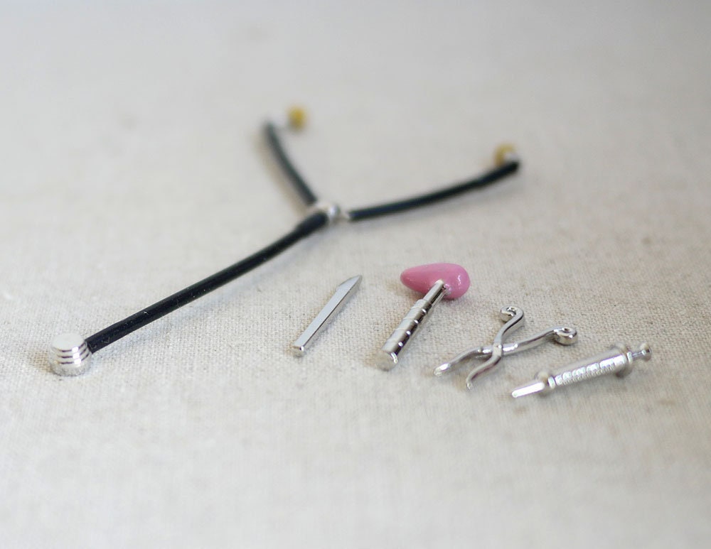 1:12 Scale Miniature Doctor Medical Tool Set with Stethoscope and Reflex Hammer, Set of 5, 1-9/16 inch long, DIY Dollhouse Supply