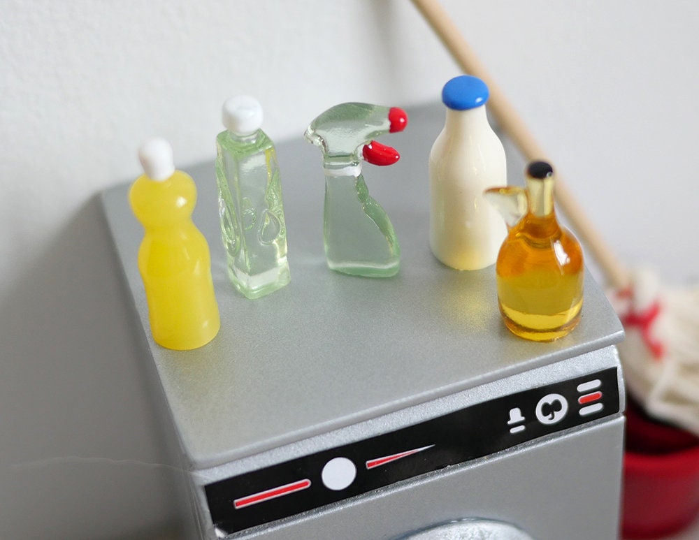 1:12 Scale Miniature Cleaning Bottles, Set of 5, 11/16 inch tall, DIY Dollhouse Supply