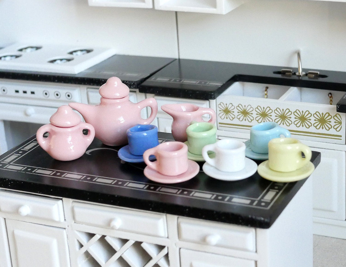1:12 Scale Miniature Porcelain Tea Set, Pastel Colors, Set of 15, DIY Dollhouse Supply