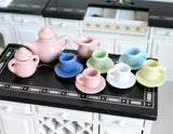 Dollhouse porcelain ceramic teapot tea 15 piece set doll house teapot tea cups tray parlour - A021