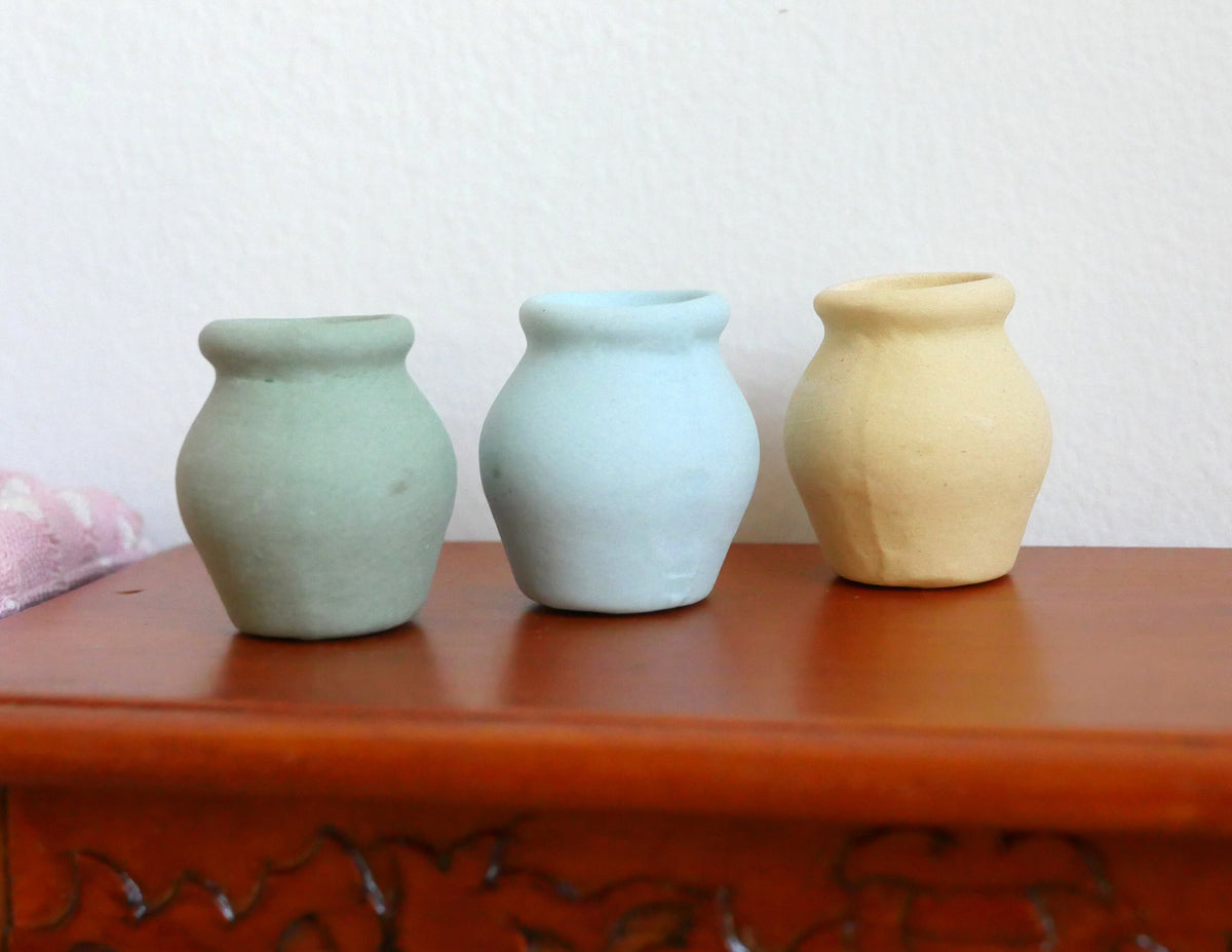 1:12 Scale Miniature Pastel Clay Vases, Set of 3, 7/8 inch tall, DIY Dollhouse Supply