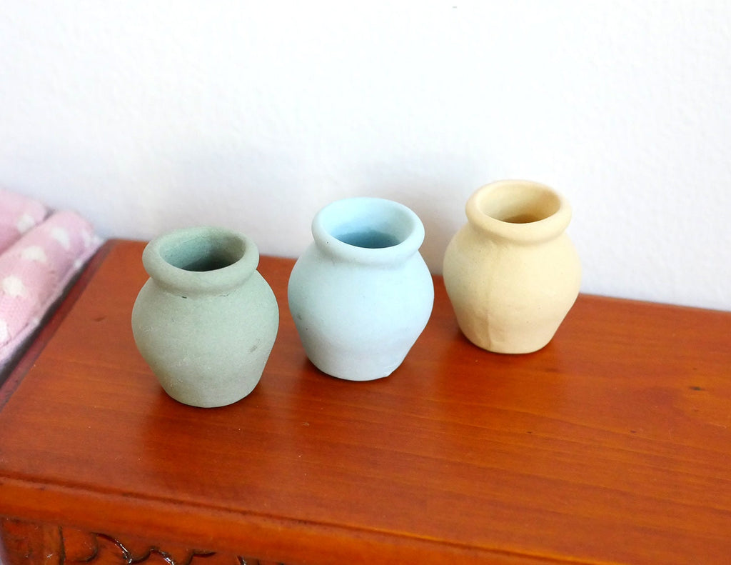 1:12 Scale Miniature Pastel Clay Vases, Set of 3, 7/8 inch tall, DIY Dollhouse Supply