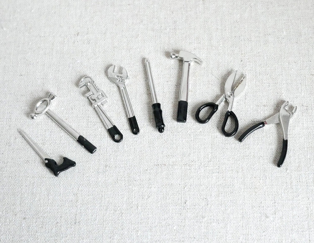 1:12 Scale Miniature Hand Tools, Set of 8, Hammer, Saw and Pliers, 1-1/8 inch long, DIY Dollhouse Supply (black and silver)