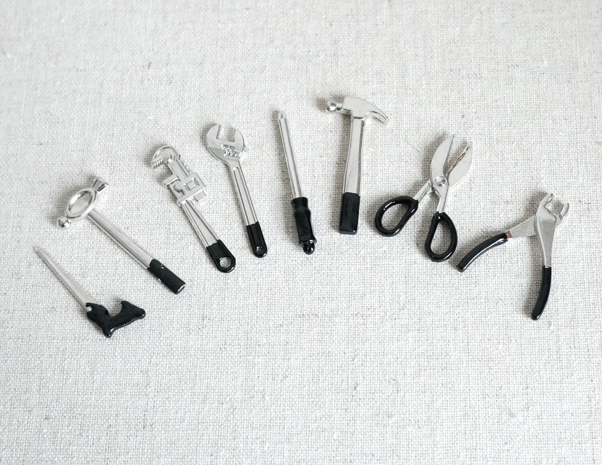 1:12 Scale Miniature Hand Tools, Set of 8, Hammer, Saw and Pliers, 1-1/8 inch long, DIY Dollhouse Supply (black and silver)